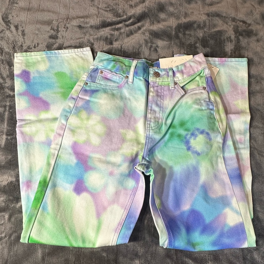 BDG Womens 24” High-Waisted Floral Print Wide-Leg Jeans Pastel